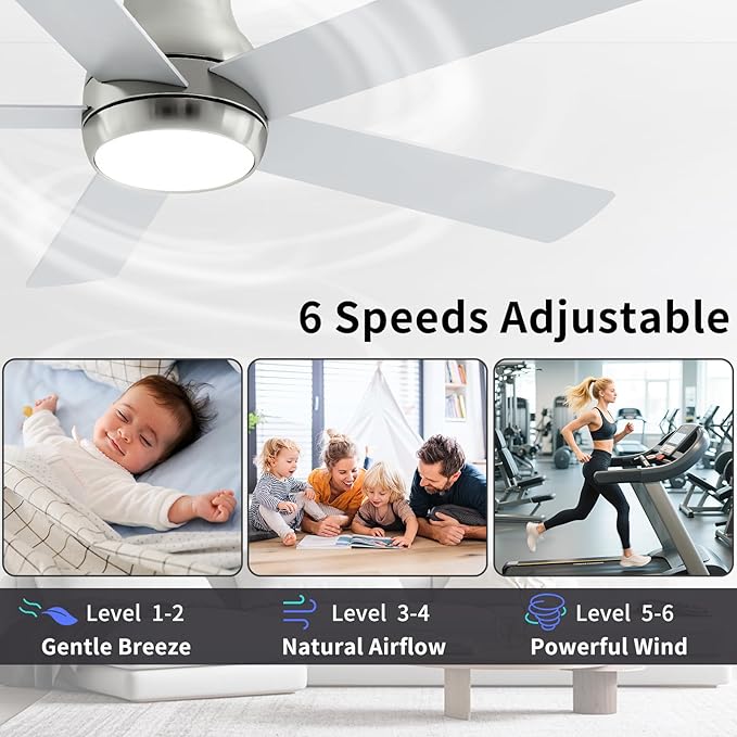 52 Inch Brushed Nickel Ceiling Fans with Lights and Remote,LED Low Profile Flush Mount Ceiling Fan for Bedroom, Living Room,Patio,Quiet DC Motor,5 Blades
