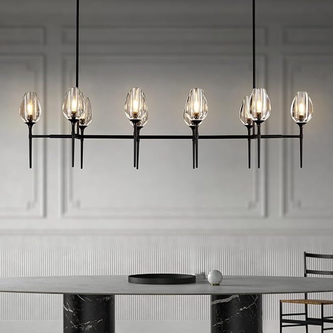 Modern Crystal Chandelier 10 Lights Black, 65in Tulip Black Rectangle K9 Crystal Chandeliers, Pendant Ceiling Light for Dining Living Room Bedroom Entryway, E12 Bulbs Included