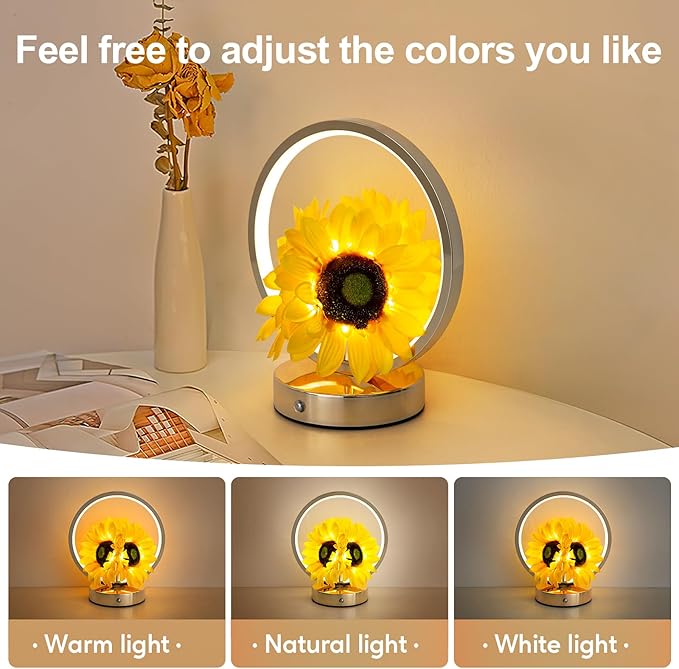 Sunflower Birthday Gifts for Women Mom,Sunflowers Flower Touch Lamp,Rechargeable Cordless 3 Way Dimmable Small Night Light for Living Room,Bedroom,Office Home Decor Thank You Gifts-Yellow