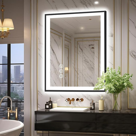 24x36 Bathroom LED Mirror, Black Aluminum Edge Lighted Mirror, 3 Colors Stepless Dimmable Vanity Mirror, Skincare, Anti-Fog, Shatter-Proof, ETL Listed, Memory Smart Mirror(Horizontal/Vertical)