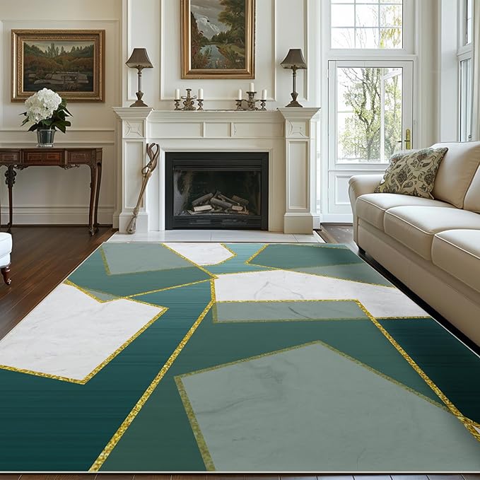 Area Rug 4x6 Entryway Green Marble Geometric Modern Abstract Rectangular Rugs Machine Washable Soft Rug Carpet Area Rug for Entrance Beside Living Room Bedroom Dining Room Office Indoor