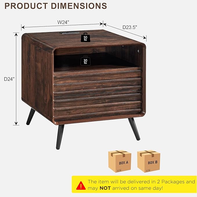 RedLemon 24" Nightstand Set of 2 with Charger Station, Mid Century Modern Fluted End Table with 2 Drawers, Wooden Side Table with Open Cubby Storage for Living Room, Bedroom, Office (Dark Walnut)