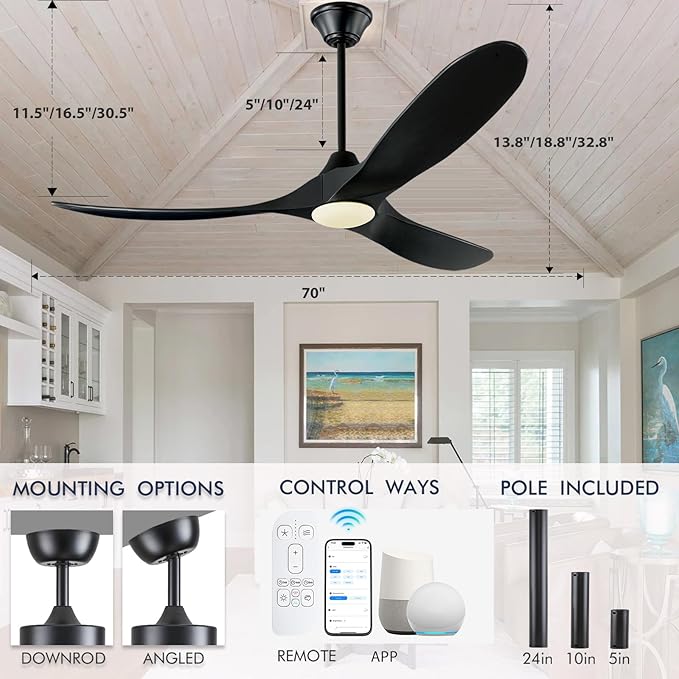 70 inch Outdoor Ceiling Fans with Lights for Patios Waterproof, Large Black Smart Ceiling Fan, DC Motor, 3CCT 22W Dimmable Lights, Industrial Propeller Ceiling Fan for Porch Exterior Indoor
