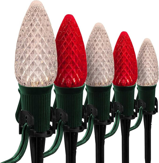 Wintergreen Lighting 50' OptiCore LED C9 Red and Warm White Pathway Christmas Lights, Heavy Duty Bulbs for Driveway, Walkway Marker, 5" Commercial PathPRO Stakes, 18 Gauge Green Wire