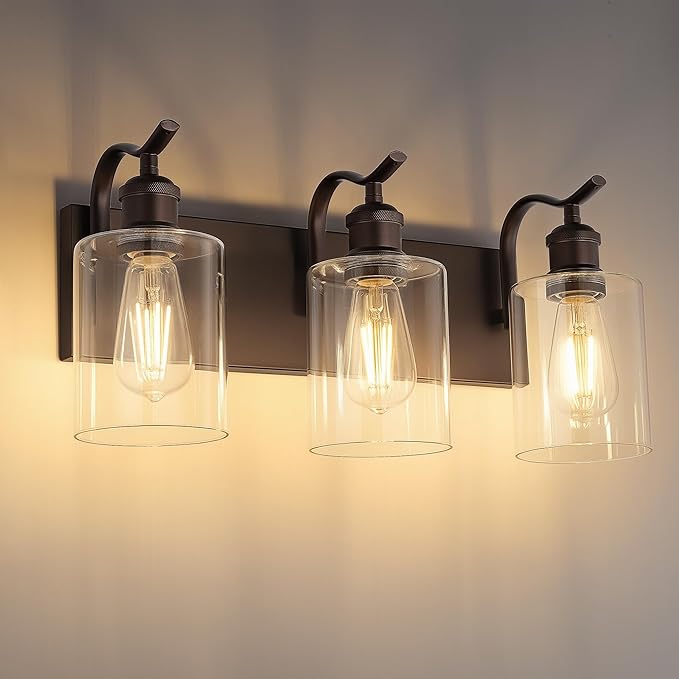 3 Light Bathroom Vanity Light, Morden Bathroom Lighting Fixtures Over Mirror Oil Rubbed Bronze Wall Light Fixtures with Clear Glass Shade ZCVL01ORB-3