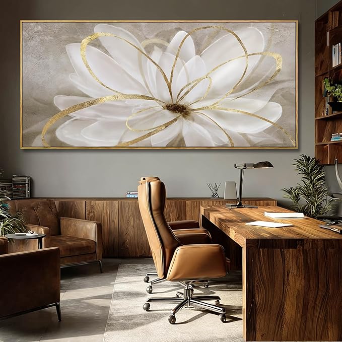 SOUGUAN White Floral Wall Art Line Wall Decor Vintage Canvas Painting 40"x86" Artwork for Bedroom Large Pictures for Dining Room