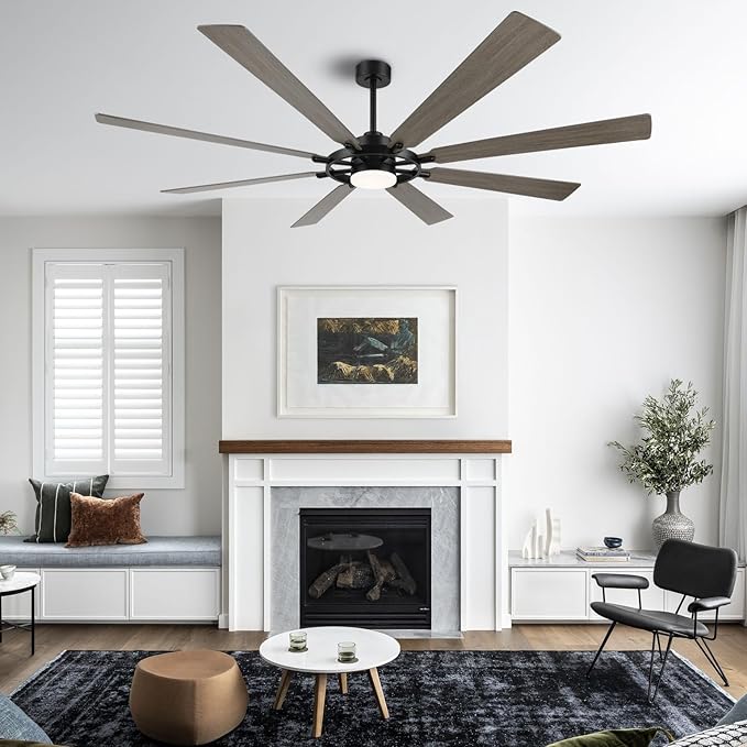 ELEHINSER 72 Inch Ceiling Fan with Lights and 3 Downrods, 8 Plywood Blades, 6-Speed Noiseless Reversible DC Motor, 3CCT, Windmill Ceiling fan for Kitchen Bedroom Living Room, Black and Grey