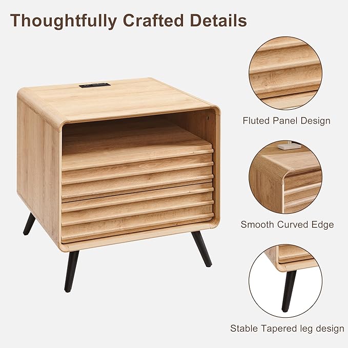 RedLemon 24" Nightstand with Charger Station, Mid Century Modern Fluted End Table with 2 Drawers, Wooden Side Table with Open Cubby Storage for Living Room, Bedroom, Office (Natural Oak)