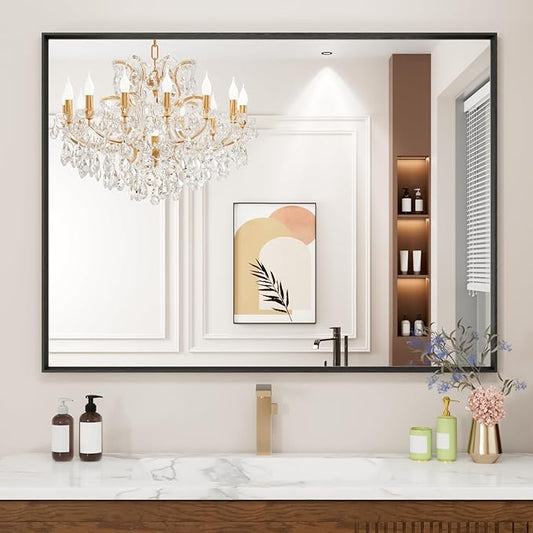 Bathroom Mirror, 48x36 Inch Matte Black Framed Mirror, Rectangular Wall Mirror, Vanity Mirror Wall Mounted, Anti-Rust, Tempered Glass, Hangs Horizontally or Vertically