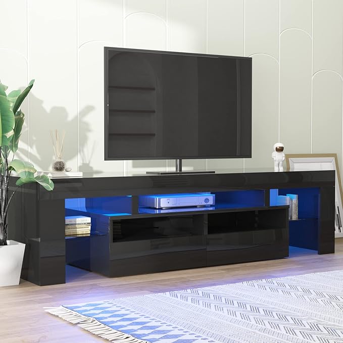 St.Mandyu LED TV Stand for 60/65/70 inch TV, High Glossy Modern Entertainment Center with Drawer and Led Lights, Television Table Center Media Console for Living Game Room Bedroom, Black