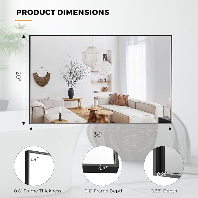 20x36 Inch Black Bathroom Mirror for Wall, Aluminum Frame Rectangle Rectangular Vanity Mirror, Modern Large for Bedroom, Living Room, Horizontal or Vertical
