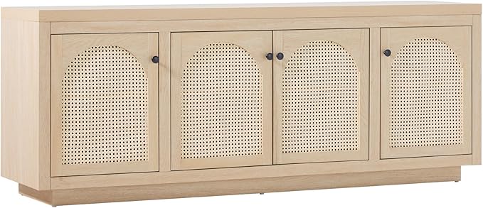 Walker Edison Sasha 4-Door Sideboard Buffet with Arched Rattan Panels, 70 Inch, Coastal Oak