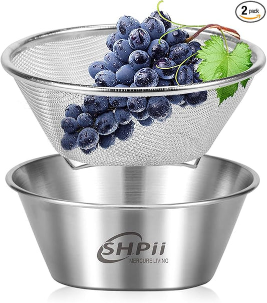 2 Piece Mini 304 Stainless Steel Colander with Mixing Bowl, Kitchen Cooking, Washing Fruits and Vegetables, Back of House Preparation (600ML)