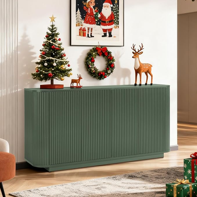 64" Sideboard Buffet Cabinet with Storage, Modern Fluted Accent Credenza with Adjustable Shelves, Wood Media Console Coffee Bar Table for Living Room Kitchen Dining Room, 31.5" H, Green
