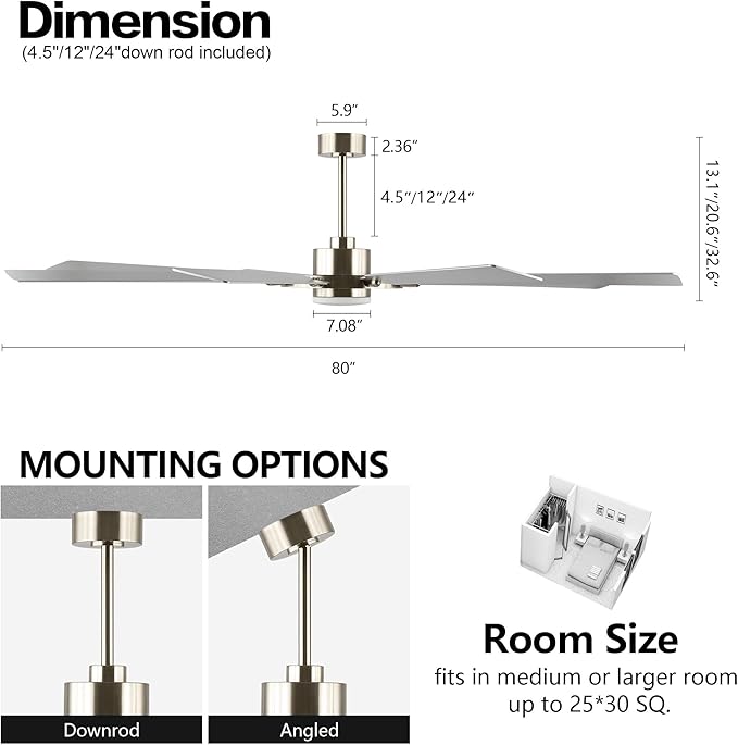 ELEHINSER 80 Inch Ceiling Fan with Lights and 3 Downrods, 8 Plywood Blades, 6-Speed Noiseless Reversible DC Motor, 3CCT, Windmill Ceiling fan for Kitchen Bedroom Living Room, Nickel and Silver