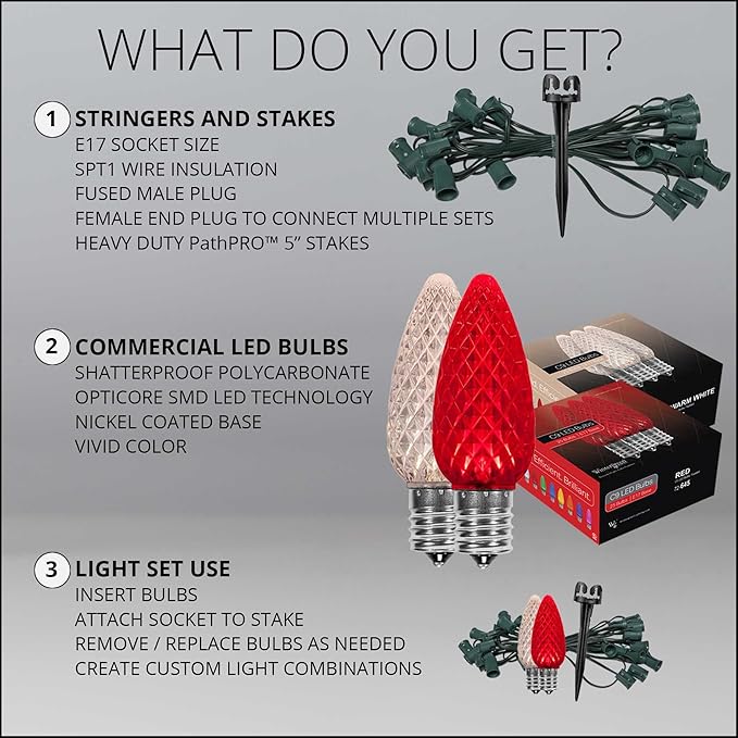 Wintergreen Lighting OptiCore LED C9 Red and Warm White Christmas Pathway Lights, Heavy Duty Bulbs for Driveway, Walkway Marker, 5" Commercial PathPRO Stakes, 18 Gauge Green Wire, 100 Lights, 100 ft