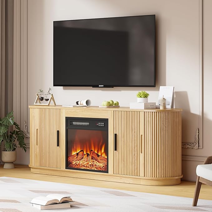 Fluted TV Stand with Fireplace, 60" Mid Century Modern TV Stand with Fireplace for Living Room, Entertainment Center with 18" Electric Fireplace & Sliding Doors, Wood Console for TV Up to 65"