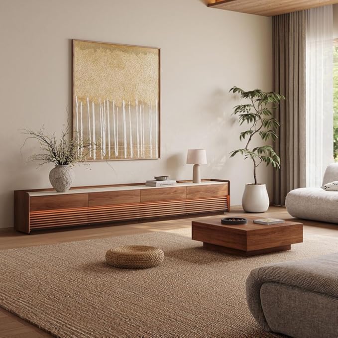 POVISON Fully-Assembled Mid Century Matte Sintered Stone TV Stand, 78.74" Wood Media Console with Adjustable LED Light, Entertainment Center with Storage for Living Room