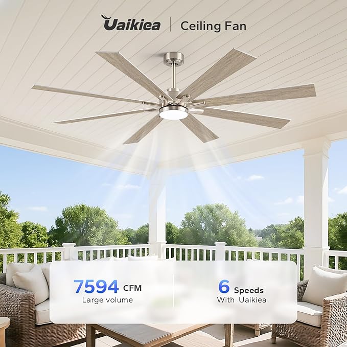 72" Outdoor Ceiling Fans for Patios with Light, Large Modern Industrial Ceiling Fan with Quiet Reversible DC Motor, High CFM Indoor Exterior Ceiling Fan for Garage Office Outside Shop, Nickel & Oak