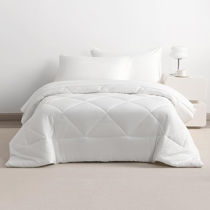 NTBAY Twin Comforter Set with Sheets, 5 Pieces Soft and Breathable Twin Bedding Set, Twin Bed in a Bag, Down Alternative Comforter Set Solid Color All Season, Kids Bedding Set, White