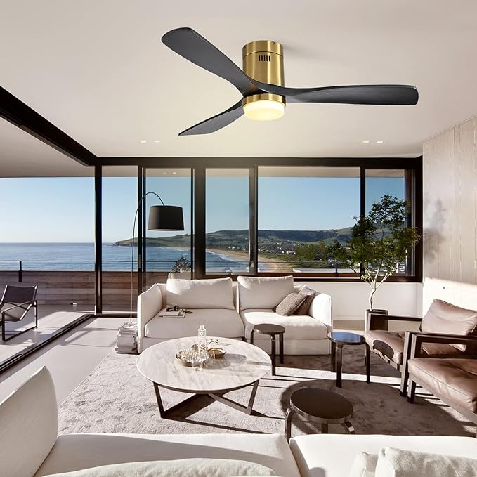 Sofucor 52 Inch Low Profile Ceiling Fan with Light, Solid Wood 3 Blades with Remote Outdoor Ceiling Fan with Light, Dimmable Light, 6-Speed, Timer, Reversible DC Motor for Living Room Bedroom