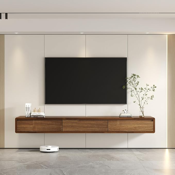 Solid Wood Floating TV Stand, Wall Mounted Entertainment Center with 2 Drawers, Floating TV Shelf for Living Room Bedroom & Office (Walnut, 55in)