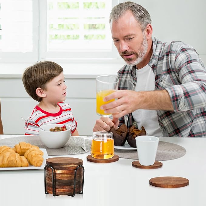 10 Pcs Wood Coasters with Holder, Wooden Coasters for Drinks Absorbent, Drink Coasters for Coffee Table, Modern Home Decor, Coaster Set for Table Protection, Office, Bar