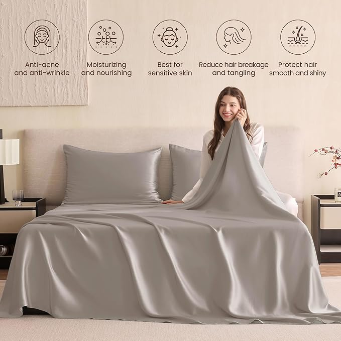 THXSILK Silk Sheet Set 4Pcs, 6A+ Top Grade 100% Pure Mulberry Silk Bed Sheets Ultra Soft Durable Luxury Bedding Sets Cooling, 1 Fitted Sheet, 1 Flat Sheet and 2 Pillowcases (Twin-XL, Grey)