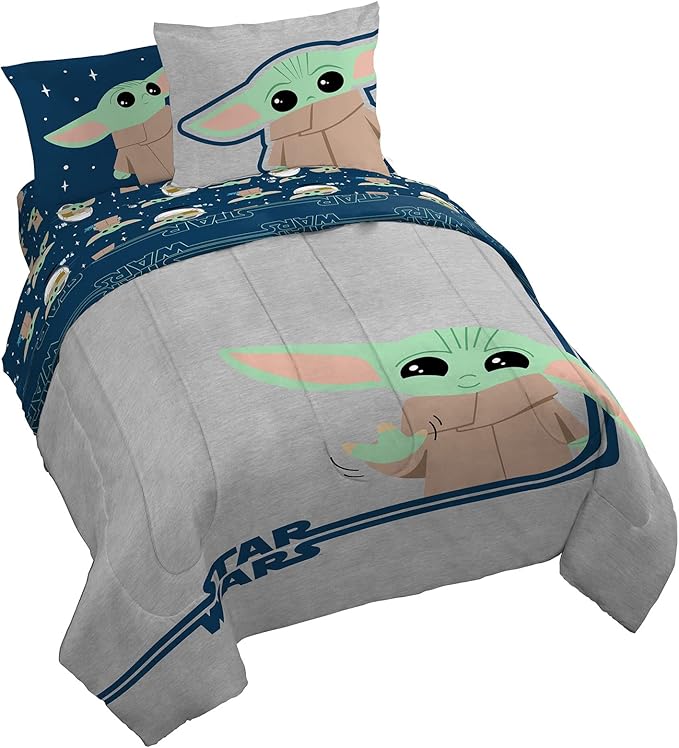 Jay Franco Star Wars The Mandalorian Hello Grogu 7 Piece Queen Size Bed Set - Includes Comforter & Sheet Set - Super Soft Kids Bedding Fade Resistant Microfiber (Official Star Wars Product)
