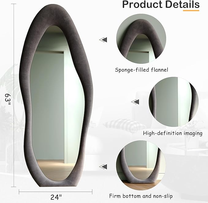 Honyee Full Length Mirror, 63" x 24" Wall Mirror, Flannel Wrapped Wooden Frame Full Body Mirror, Irregular Wavy Mirror Hanging or Leaning Against Wall for Cloakroom/Bedroom/Living Room, Grey
