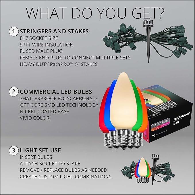 25’ OptiCore LED Multicolor Smooth/Opaque Pathway Christmas Lights, C9 Outdoor Driveway Lights, 5” Stakes, Green Wire