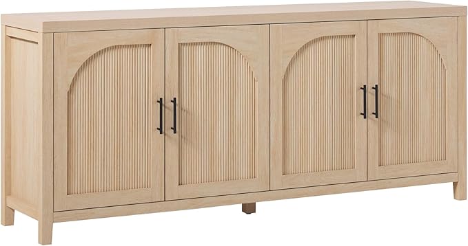 Walker Edison Sasha 4-Door Reeded Sideboard Buffet with Cord Management, 70 Inch, Coastal Oak