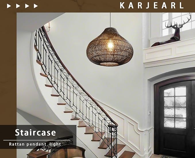 Karjear Black Rattan Chandelier, 16.5 inch Large Wicker Pendant Lights Fixture Hand-Woven Basket Hanging Light for Dining Room Kitchen Island Living Room