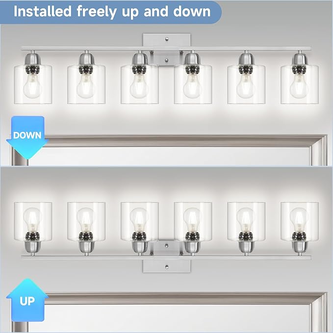 Modern Brushed Nickel 6 Light Bathroom Light Fixtures,38 inch Vanity Lights for Bathroom with Clear Glass, Vanity Light for Mirror Kitchen Living Room Hallway Cabinet Porch