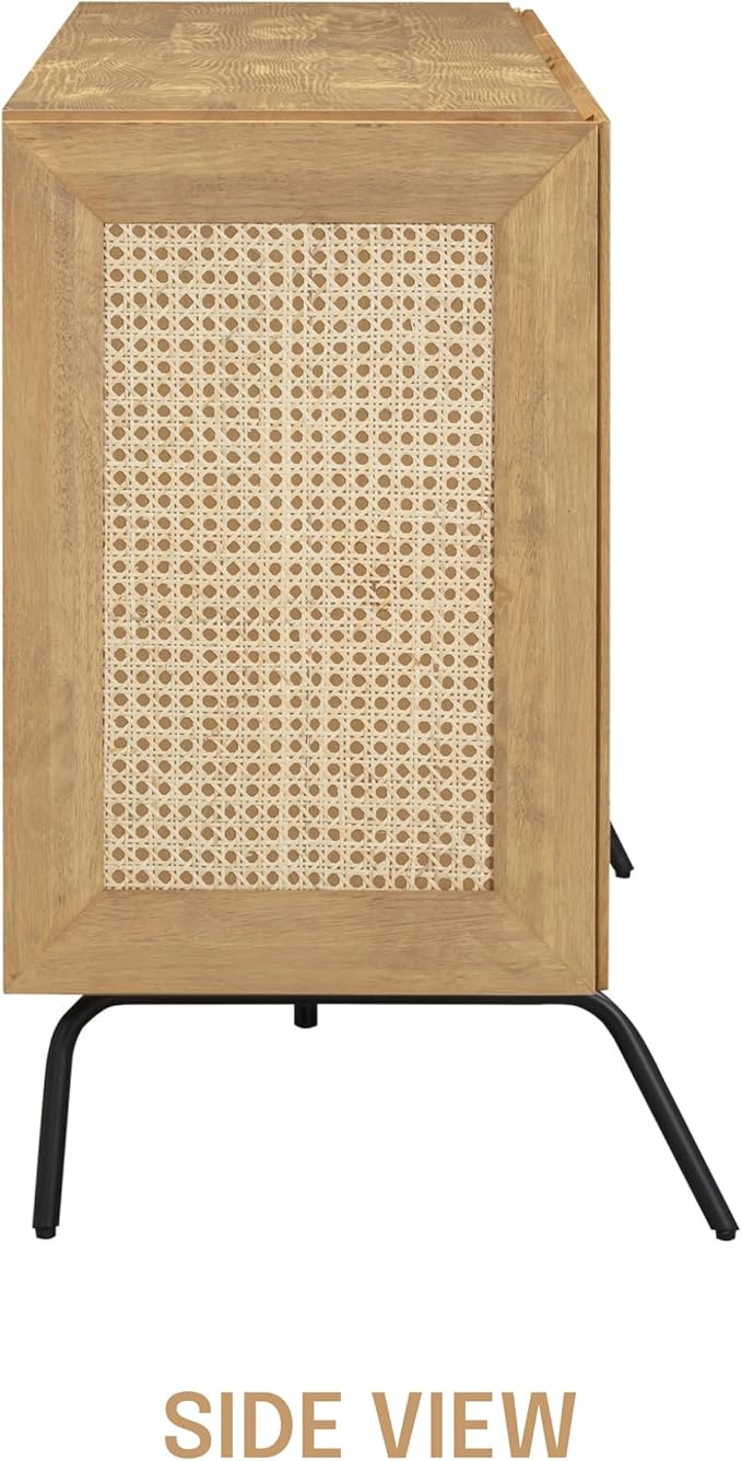 NTC MOSSIC Modern Sideboard with 4 Doors, Natural Rattan Storage Cabinet, Buffet with Metal Legs, Boho Accent Cabinet for Living Room, and Entryway, Effortless Assembly, Sand