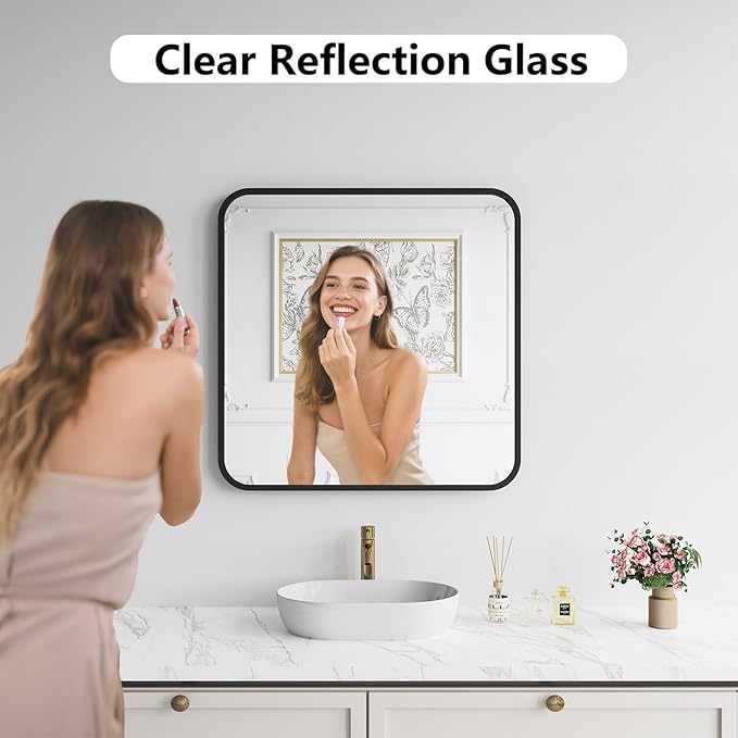Koonmi Bathroom Mirror, 30X30 Inch Black Metal Framed Mirror for Bathroom, Tempered Glass, Anti-Rust, Rounded Rectangle Mirror for Restroom, Bedroom, Black