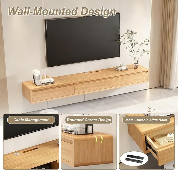 Solid Wood Floating TV Stand, Wall Mounted Entertainment Center with 2 Drawers, Floating TV Shelf for Living Room Bedroom & Office (Natural Wood, 55in)