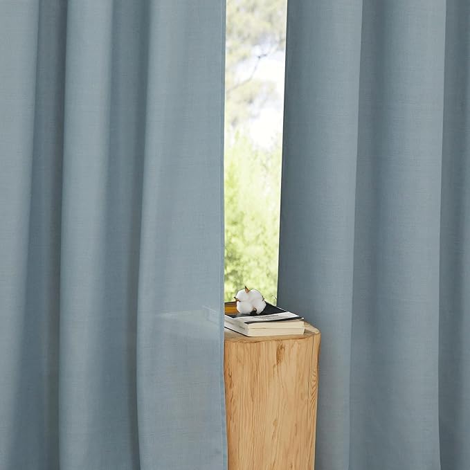 NICETOWN Linen Flax Semi Sheer Curtains 94" Length, Grommet Window Treatments Privacy Added with Light Penetration Vertical Drapes for Loft/Home Office, Stone Blue, W55 x L94, 2 Panels