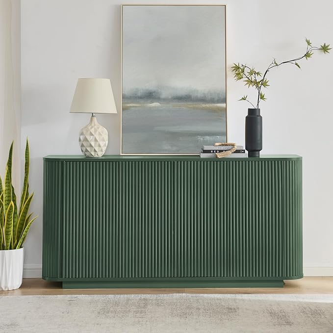 64" Sideboard Buffet Cabinet with Storage, Modern Fluted Accent Credenza with Adjustable Shelves, Wood Media Console Coffee Bar Table for Living Room Kitchen Dining Room, 31.5" H, Green