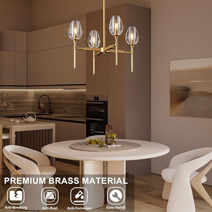 Gold Chandelier Light Fixture Kitchen and Dining Table, 4-Lights Modern Chandeliers for Dining Room, 28" Farmhouse Kitchen Pendant Lights Over Table, Crystal Wagon Wheel Chandelier(Bulbs Included)