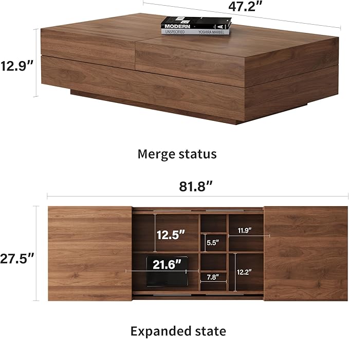Mid-Century Modern TV Stand & Expandable Coffee Table Set, Walnut Finish, Stylish Storage Combo for Living Room or Bedroom (94.48“TV Stand+Coffee Table)