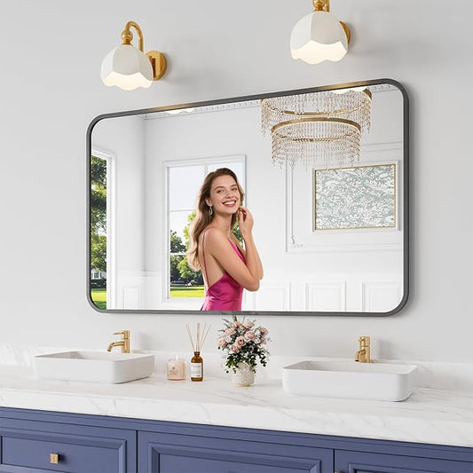 Bathroom Mirror, 30X48 Inch Black Metal Framed Mirror for Bathroom, Tempered Glass, Anti-Rust, Rounded Rectangle Mirror for Restroom, Bedroom, Black