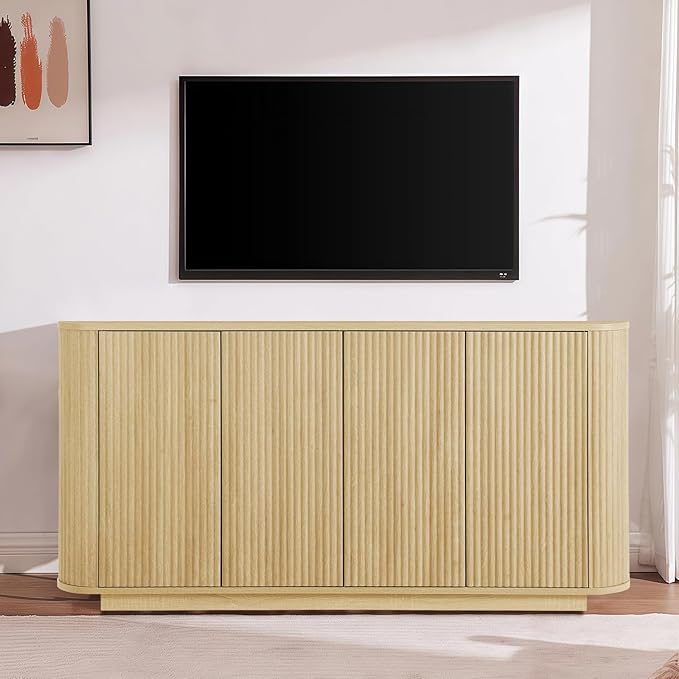 64" Sideboard Buffet Cabinet with Storage, Modern Fluted Accent Credenza with Adjustable Shelves, Wood Media Console Coffee Bar Table for Living Room Kitchen Dining Room, 31.5" H, Natural