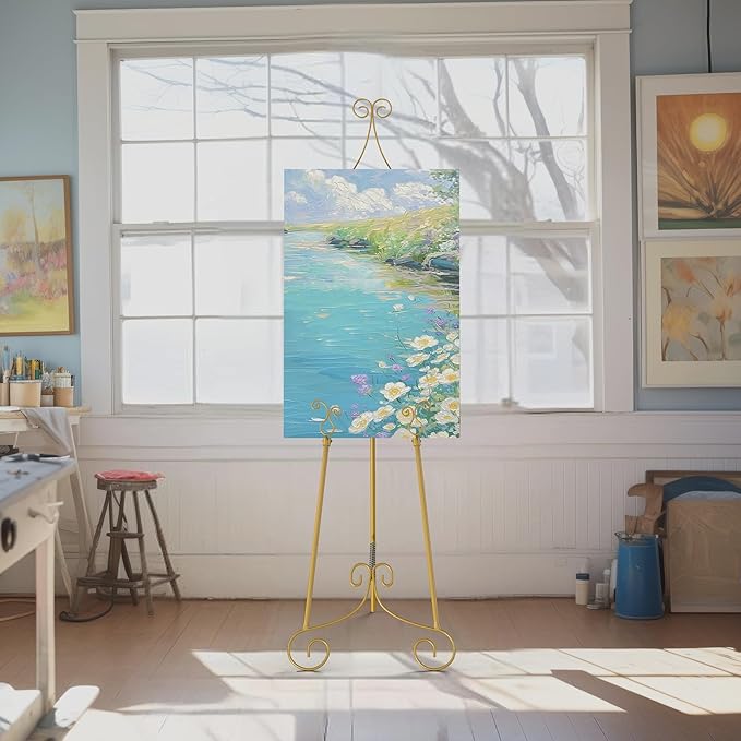 1 PC Easel Stand for Sign, Metal Poster Easel Holder, Adjustable Wedding Sign Stand with Chain Support for Display, Party Painting, Gold.