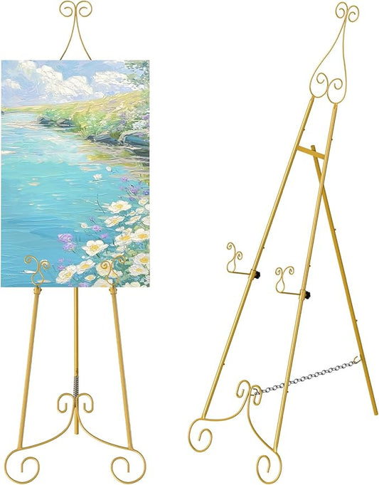 1 PC Easel Stand for Sign, Metal Poster Easel Holder, Adjustable Wedding Sign Stand with Chain Support for Display, Party Painting, Gold.