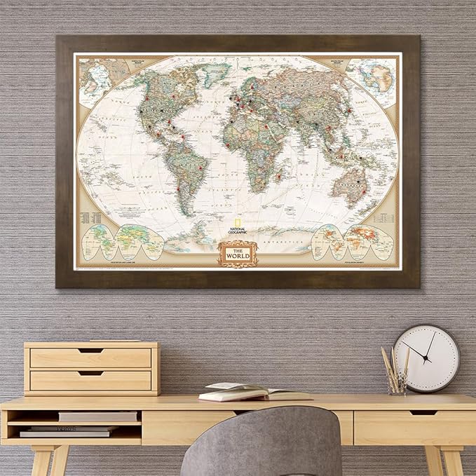 Push Pin Travel Maps Customizable Wall Art - Executive World - Rustic Brown - Framed Pin Map, Includes 150 Pins - Handcrafted in USA - 27.5" x 39.5"