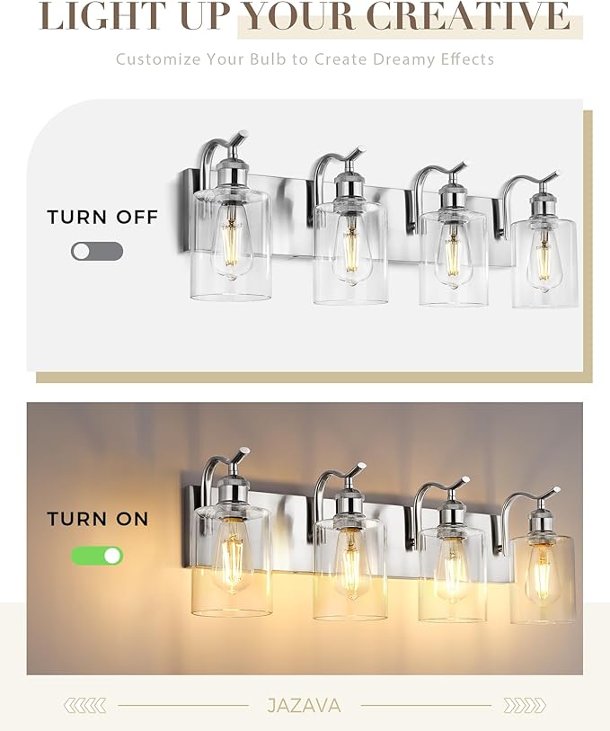 4-Light Bathroom Vanity Light, Brushed Nickel Wall Sconce, Modern Bathroom Light with Clear Glass, VL01BN-4