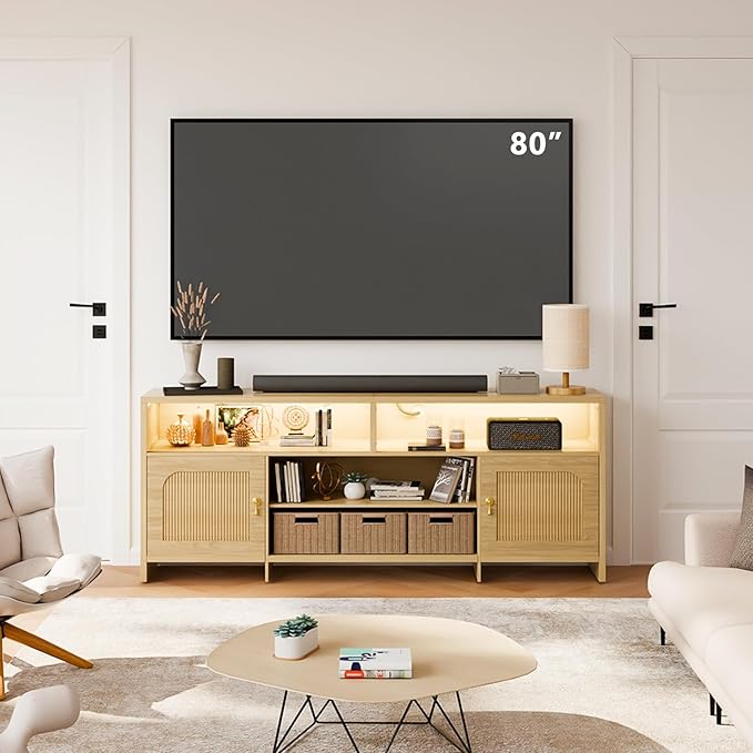 Fluted TV Stands for 70/75/80/85 Inch TV, TV Stand with LED Light and Open Storage Shelf, Mid Century Modern TV Stand with Outlet, Blister Door, Wood TV Cabinet for Living Room, Natural Oak