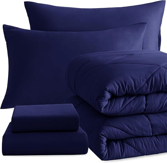 NTBAY Twin Comforter Set with Sheets, 5 Pieces Soft and Breathable Bedding Set, Bed in a Bag, Down Alternative Comforter Set Solid Color All Season, Kids Bedding Set, Navy Blue