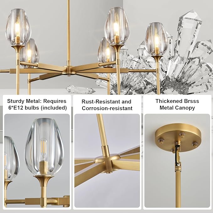 Modern Gold Round Chandelier Light Fixture, K9 Crystal Chandeliers for Dining Room, Living Room, 42in Dining Room Chandeliers Over Table, Chandelier for Bedroom, Foyer, Includes 6XG4 Bulbs